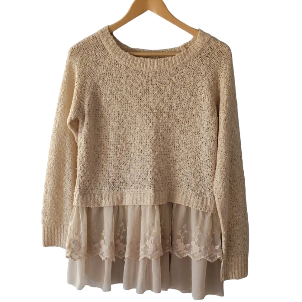 Double Zero Boucle Ivory Layered Look Sweater with Lace Trim Size Small